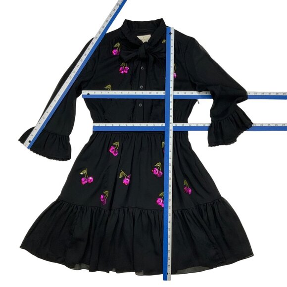 Kate Spade Sequins Cherries Shirtdress 4 Black Mini Bow Tie Neck Ruffle Formal - Picture 5 of 12